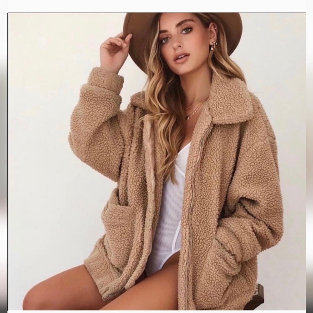 I.AM.GIA Tan Pixie Teddy Jacket with Cozy Oversized Fit and Soft Fluffy Texture